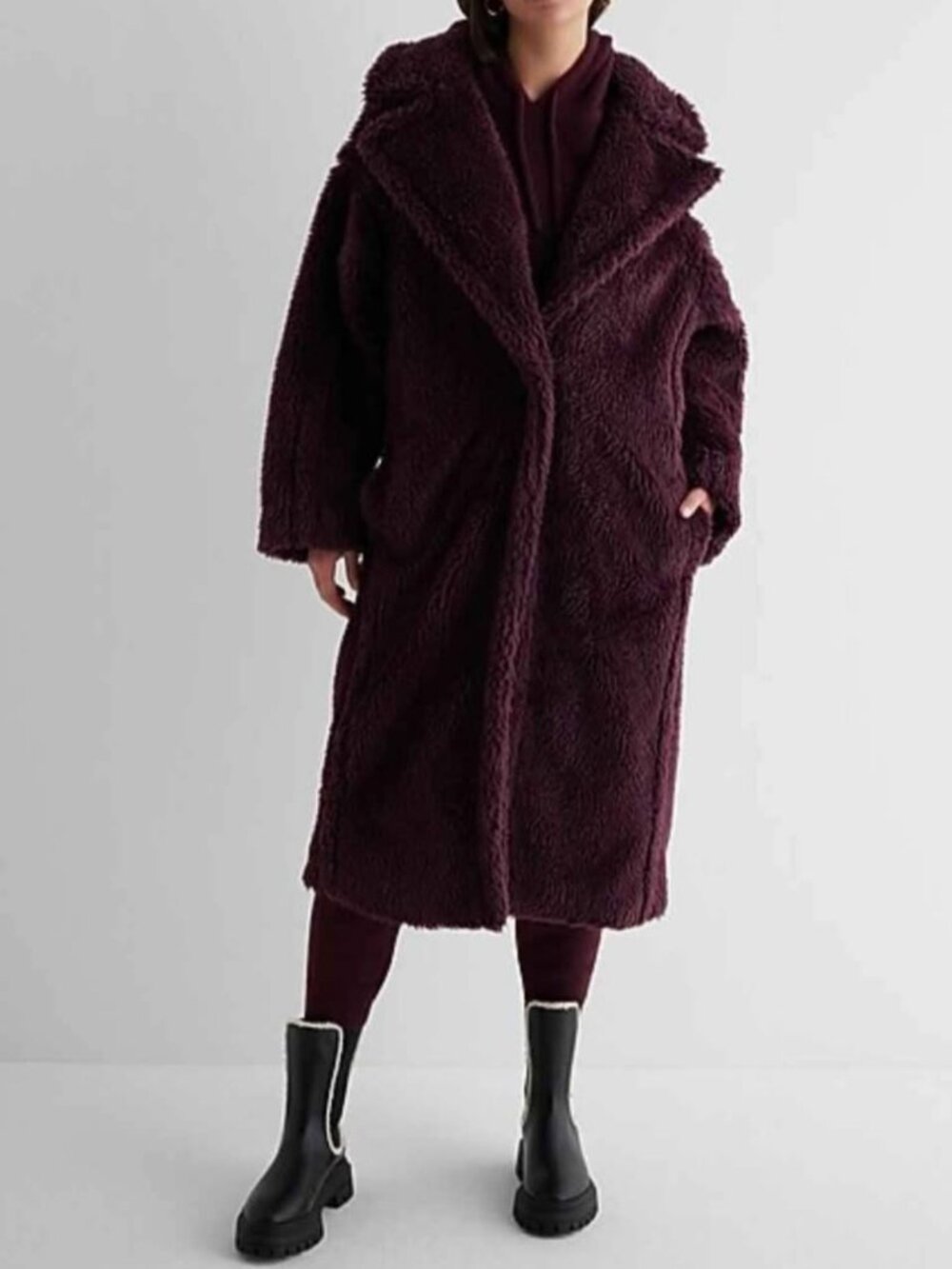 Women's Express burgundy oversized teddy faux fur jacket size medium